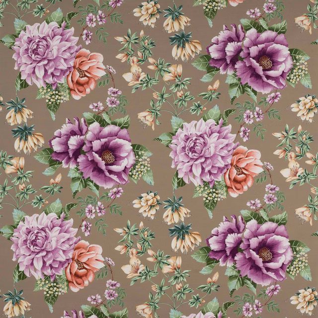 Floral cotton fabric on a warm taupe ground with lilac and plum blooms
