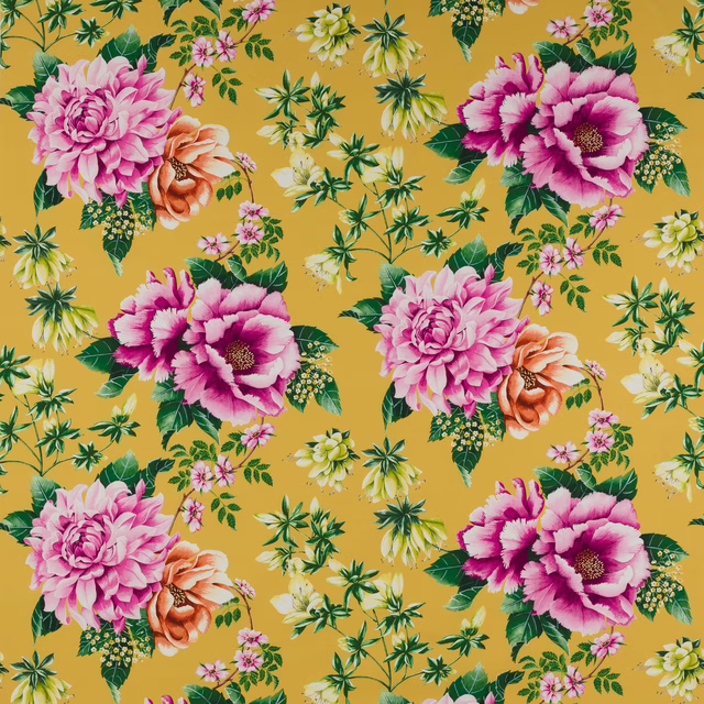 Bright yellow cotton fabric with large pink and peach floral print