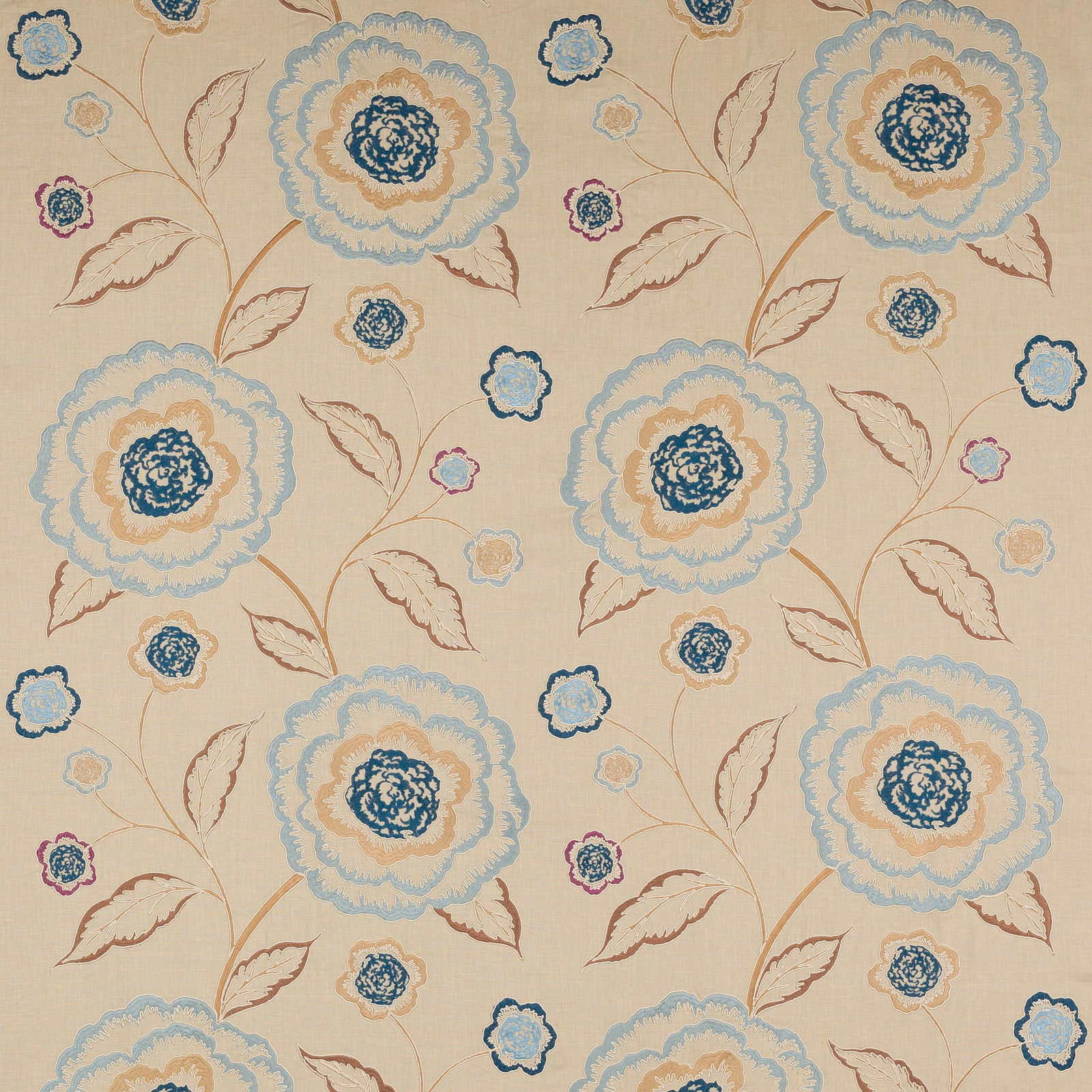 Beige linen-blend fabric with large blue and cream floral motifs