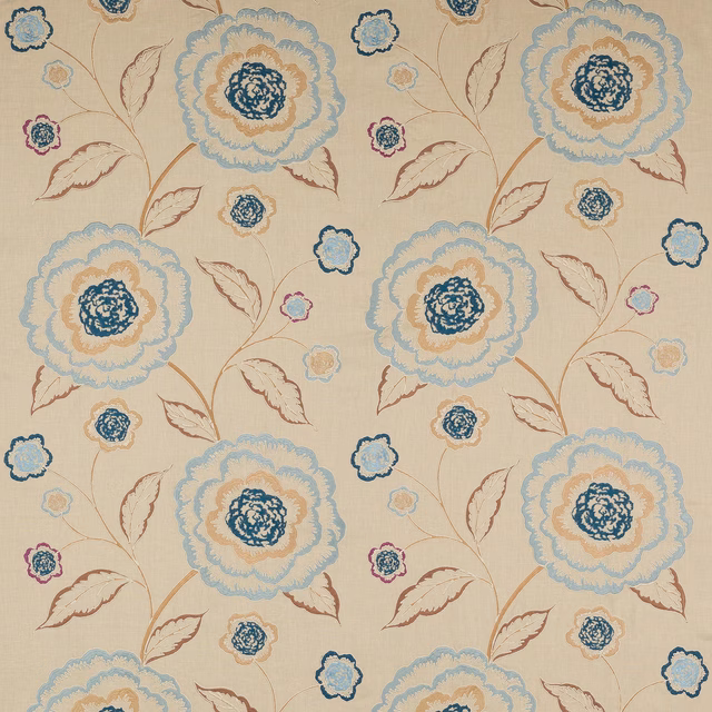 Beige linen-blend fabric with large blue and cream floral motifs