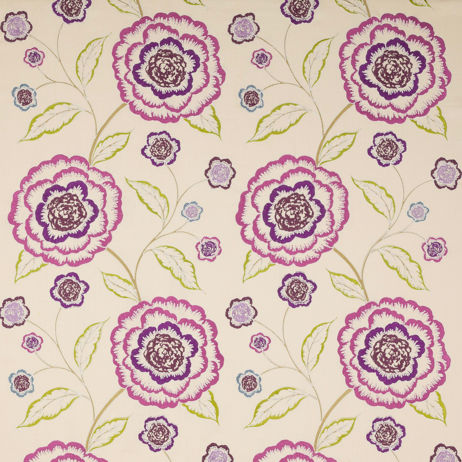 Cream fabric swatch with large pink and plum floral motif, sage leaves and trailing stems