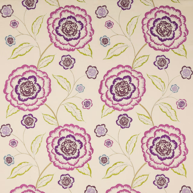 Cream fabric swatch with large pink and plum floral motif, sage leaves and trailing stems