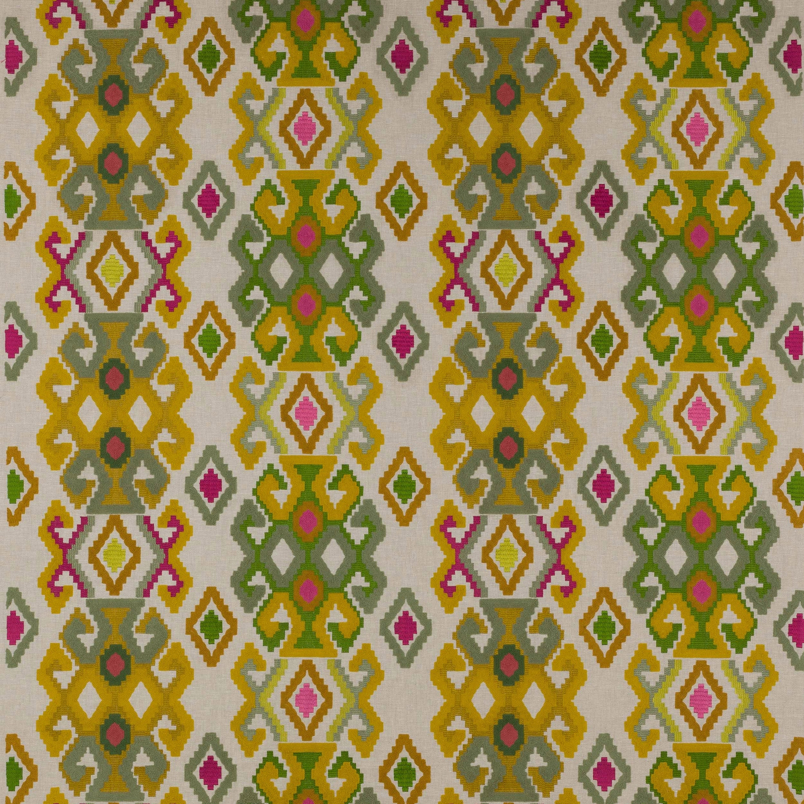 Geometric woven fabric in anise green, gold, grey and pink on a pale ground
