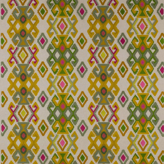 Geometric woven fabric in anise green, gold, grey and pink on a pale ground