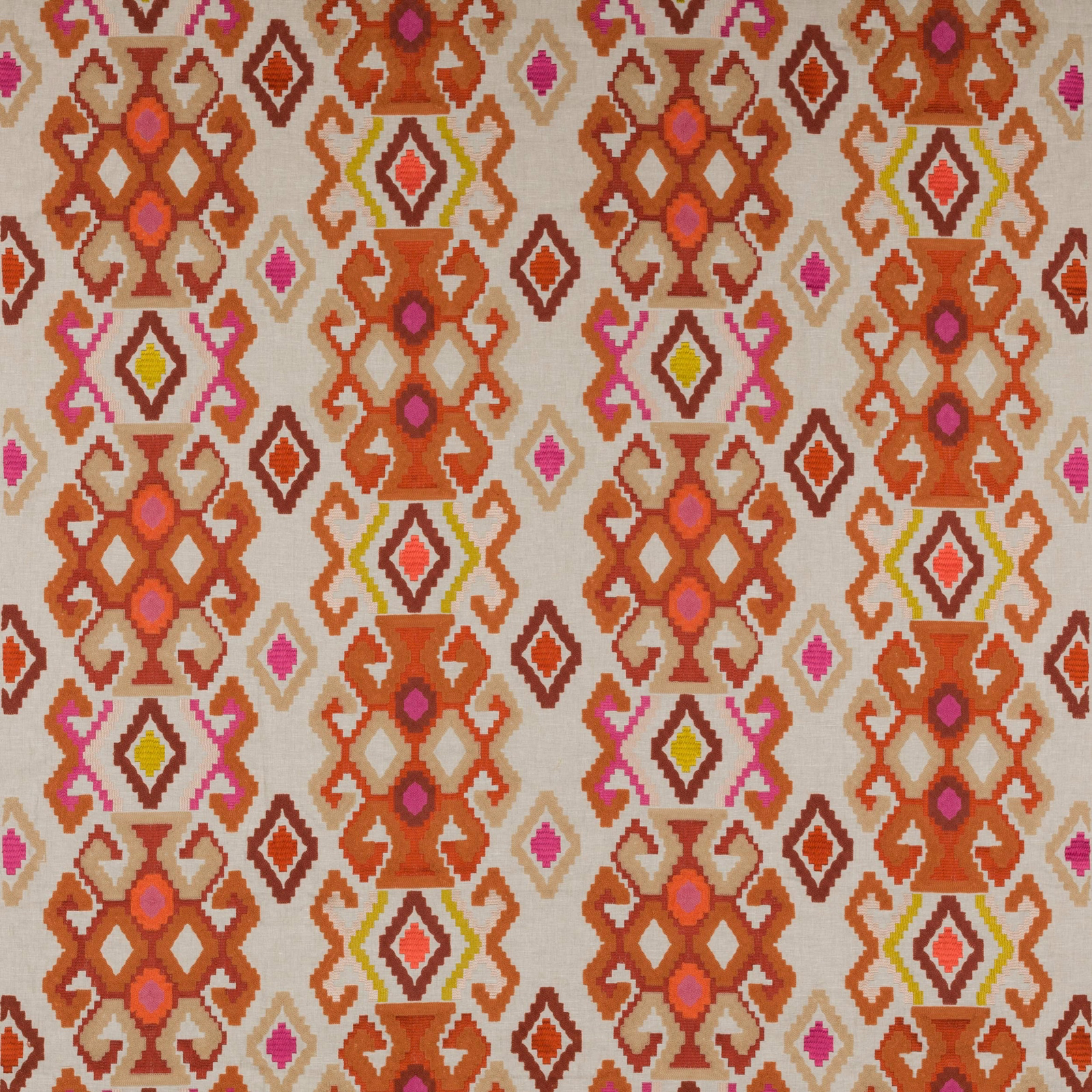 Coral orange geometric woven fabric with pink, cream and yellow motifs