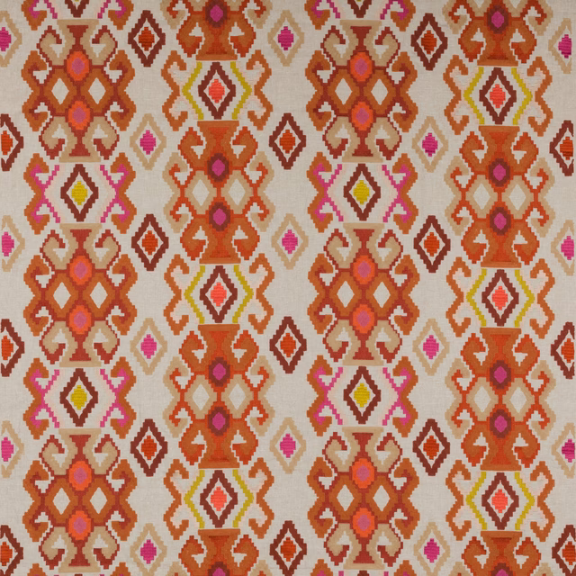 Coral orange geometric woven fabric with pink, cream and yellow motifs