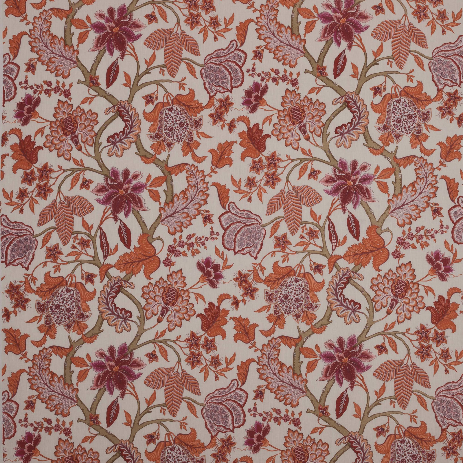 Close-up of a coral, rust and plum floral linen fabric with scrolling olive stems
