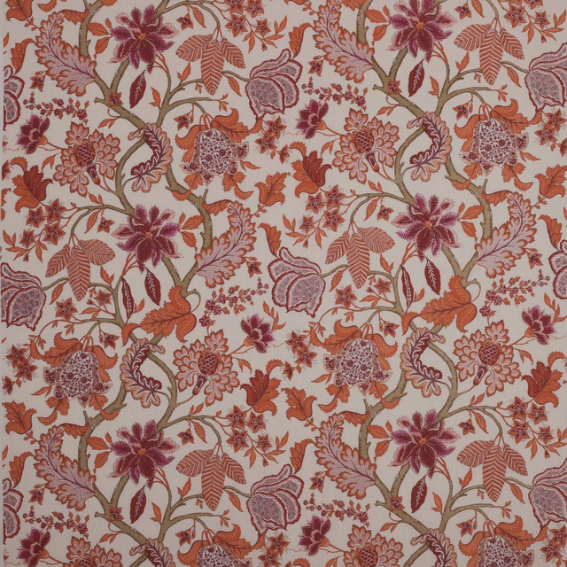 Close-up of a coral, rust and plum floral linen fabric with scrolling olive stems