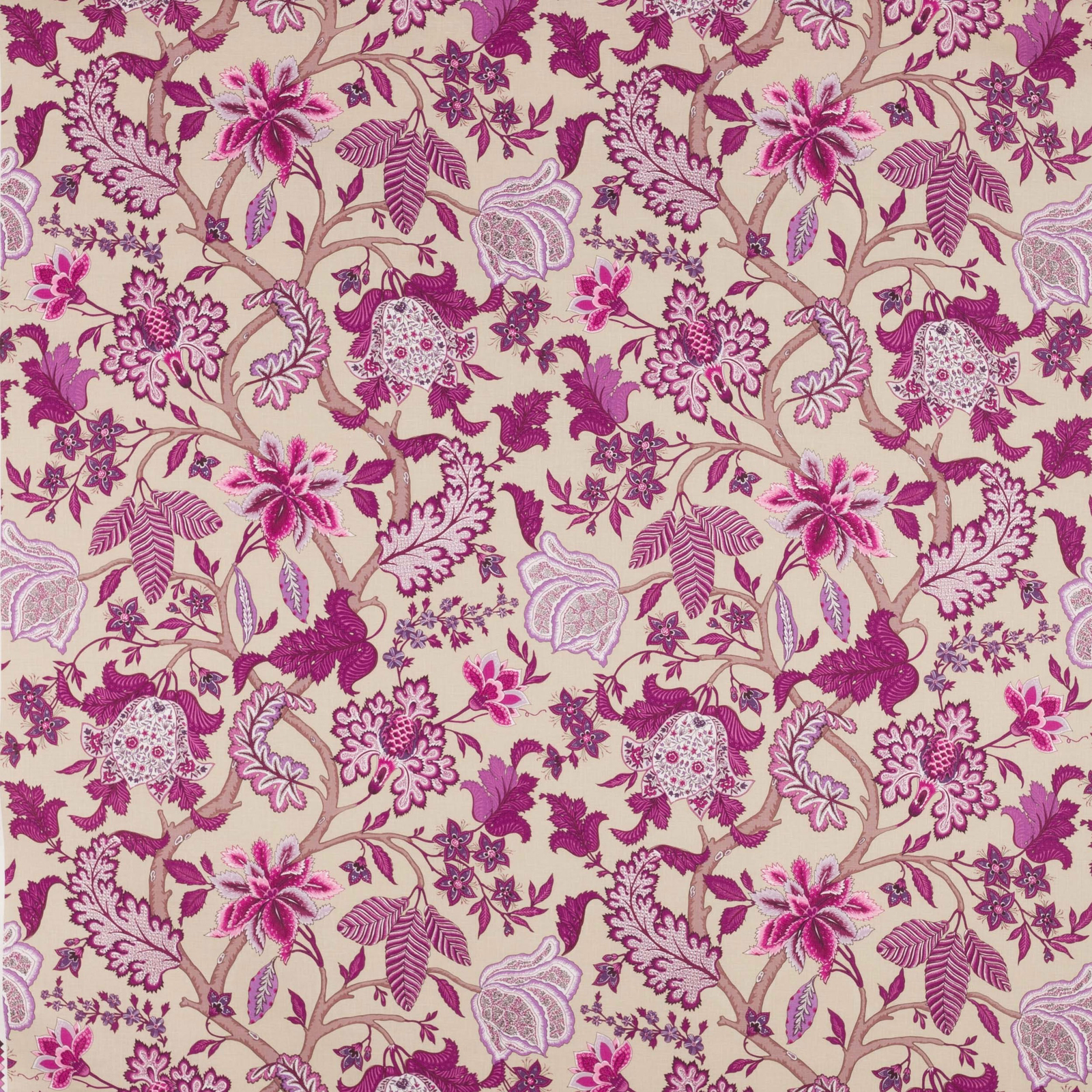 Magenta and blush floral linen swatch with branching vines on a warm beige ground