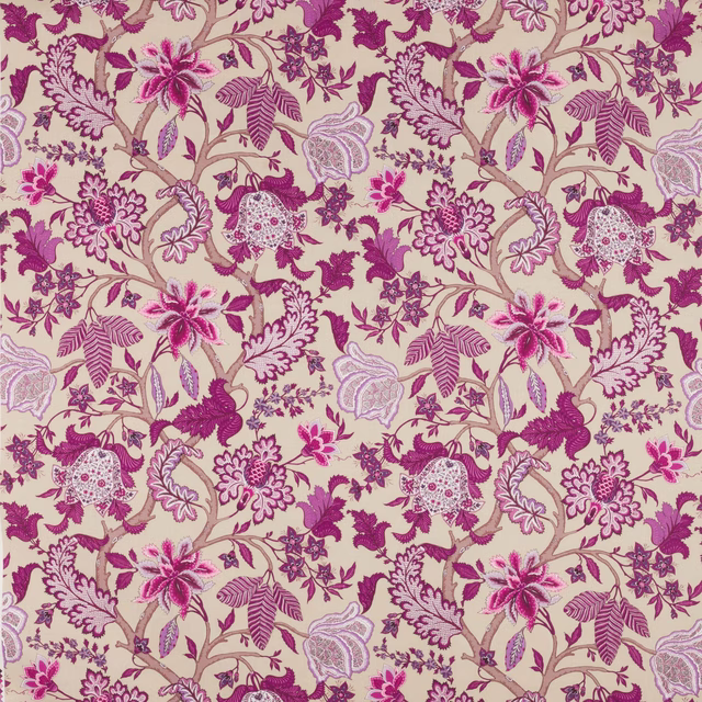 Magenta and blush floral linen swatch with branching vines on a warm beige ground