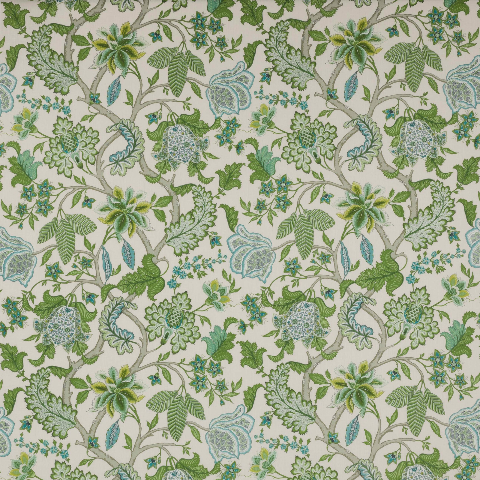Large-scale botanical linen fabric with sage green leaves, aqua flowers and cream ground