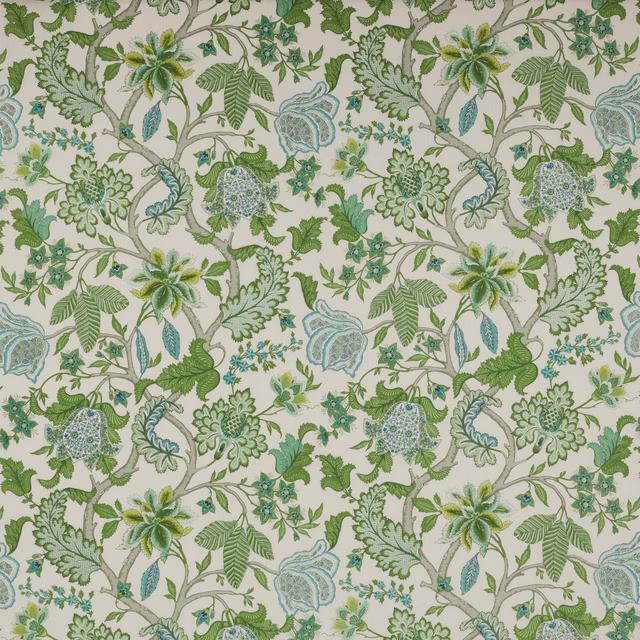 Large-scale botanical linen fabric with sage green leaves, aqua flowers and cream ground