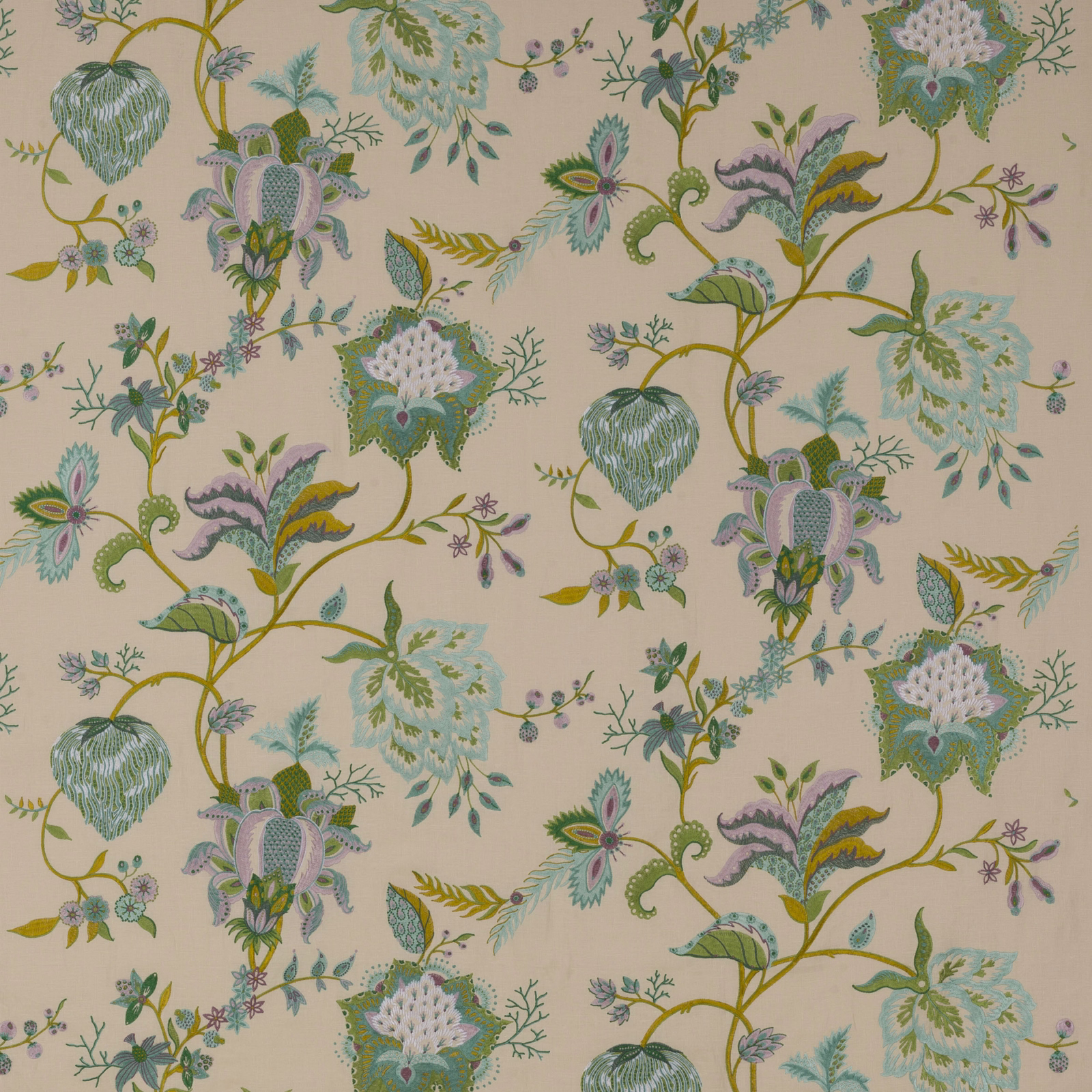 Cream-ground botanical fabric with absinthe and turquoise flowers and winding stems