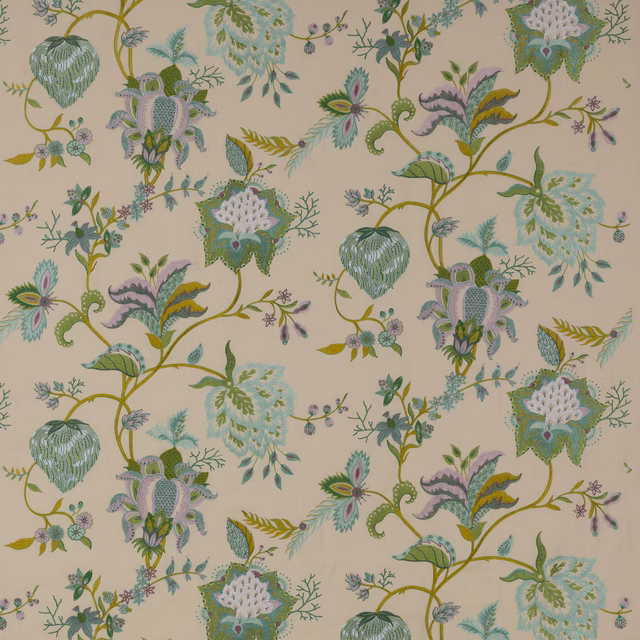 Cream-ground botanical fabric with absinthe and turquoise flowers and winding stems