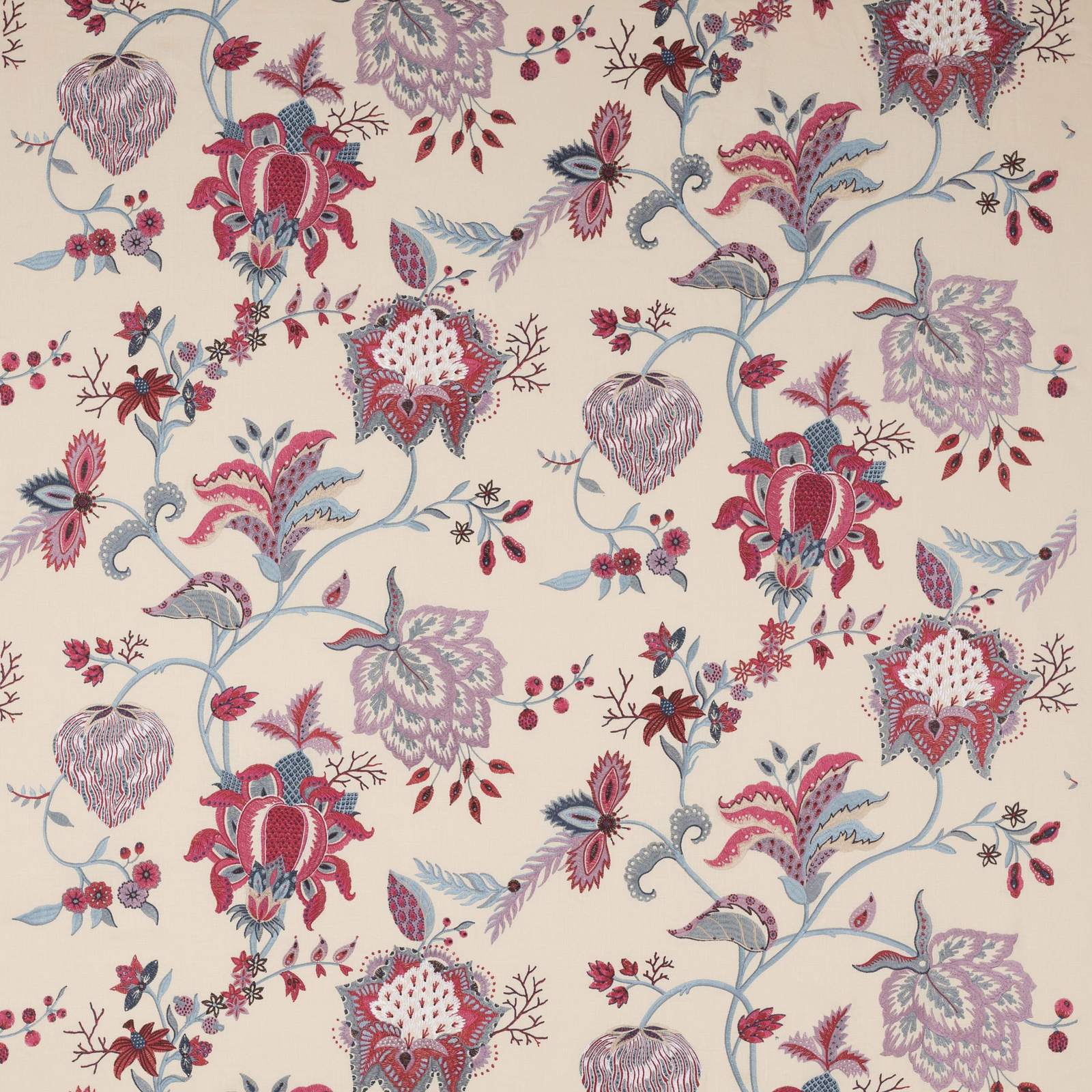Cream-ground botanical fabric with rouge, blue and lilac floral trailing stems