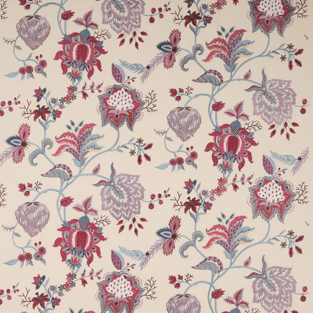Cream-ground botanical fabric with rouge, blue and lilac floral trailing stems