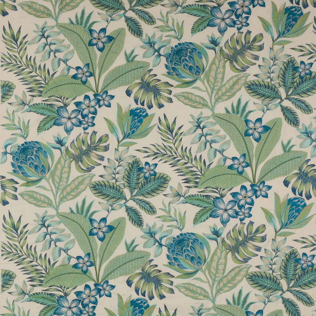 Aqua and green tropical floral fabric with large leafy botanical print
