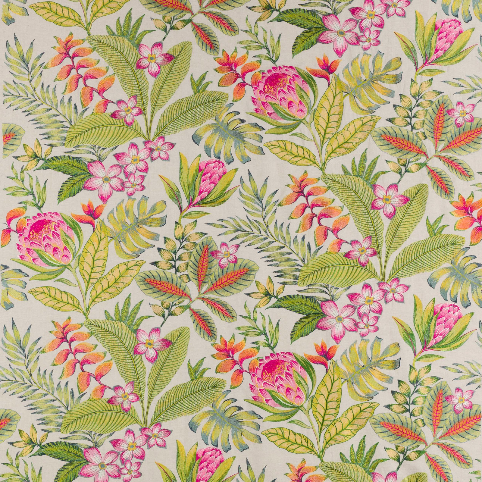 Printed tropical floral fabric with pink hibiscus, green leaves and ivory ground