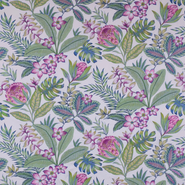 Botanical floral fabric swatch with rose, lilac, green and blue leaves on pale ground