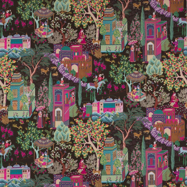 Colourful illustrated cotton fabric with dark ground, trees, houses and figures