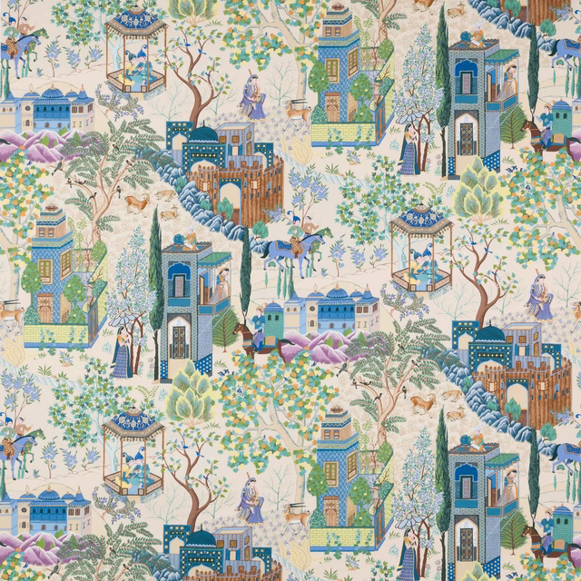 Scenic multicolour cotton fabric with pavilions, trees and figures on a cream ground