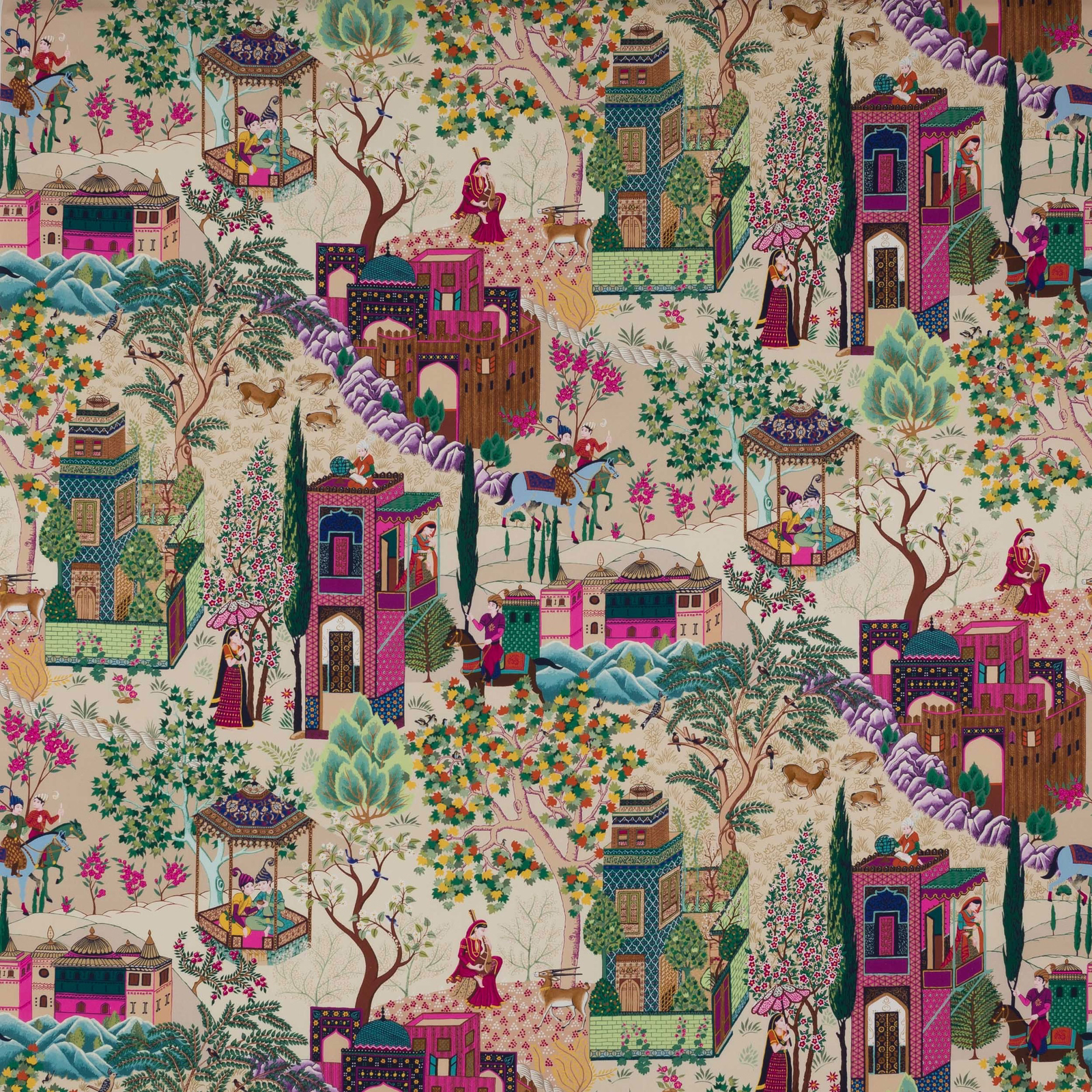 Colourful scenic cotton fabric on a cream ground with houses, trees and figures