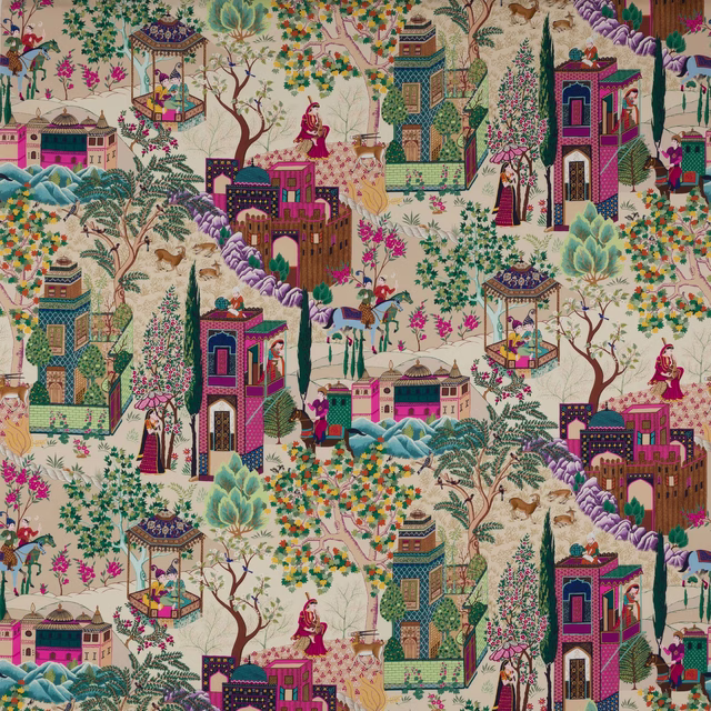 Colourful scenic cotton fabric on a cream ground with houses, trees and figures