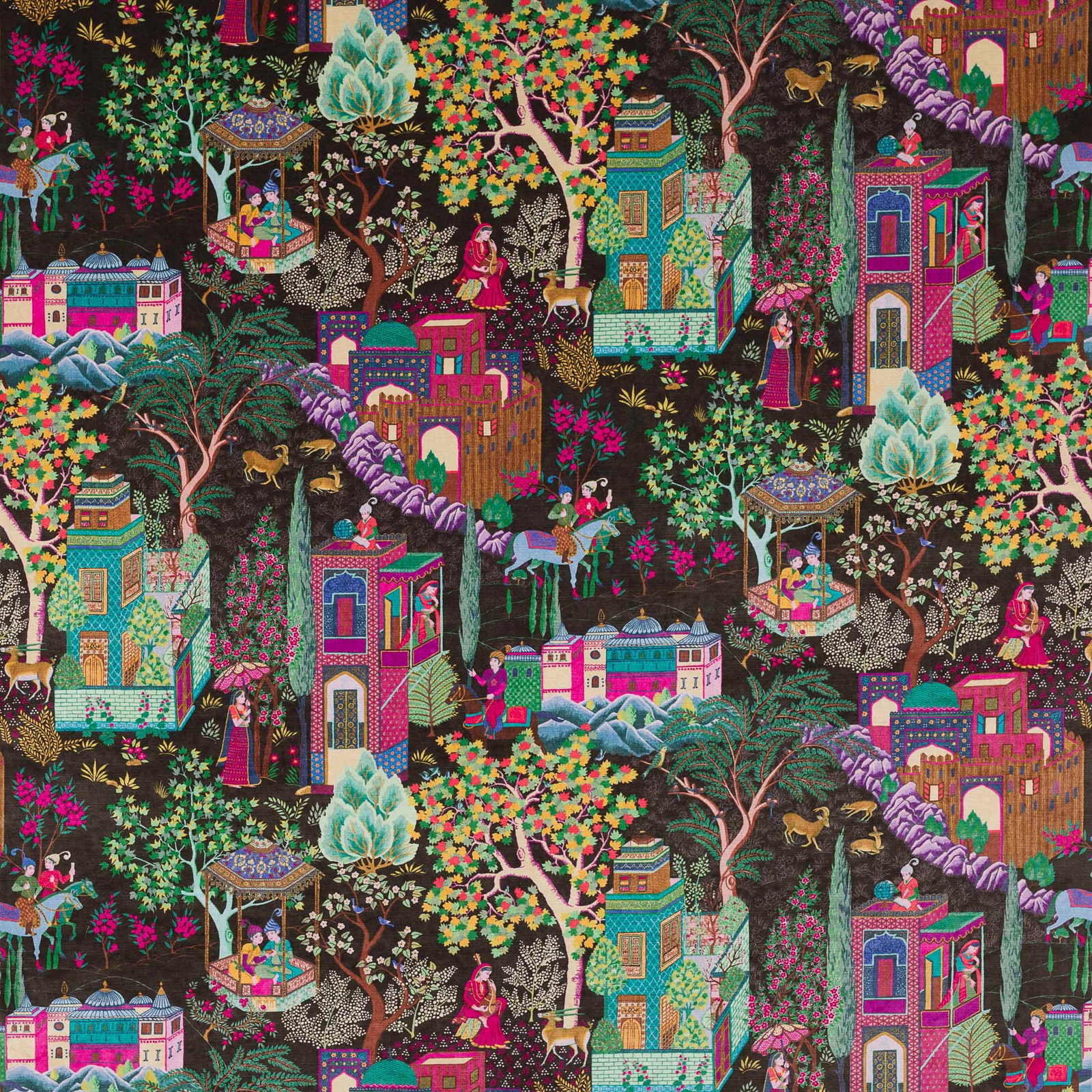 Colourful village and garden scene on a dark brown velvet ground