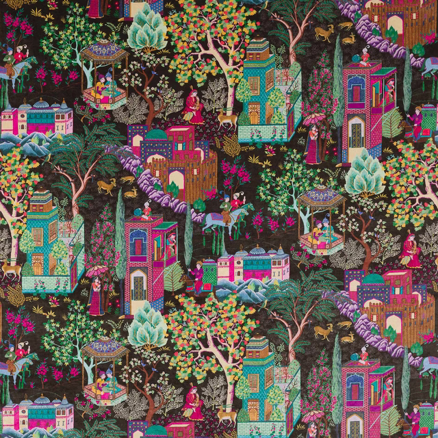 Colourful village and garden scene on a dark brown velvet ground