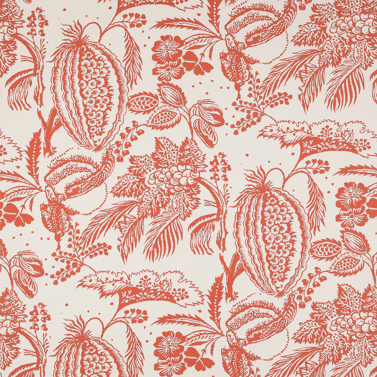Coral red tropical botanical print on a cream cotton fabric swatch