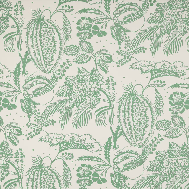 Mint green botanical print on ivory cotton with large fruit and leaf motifs
