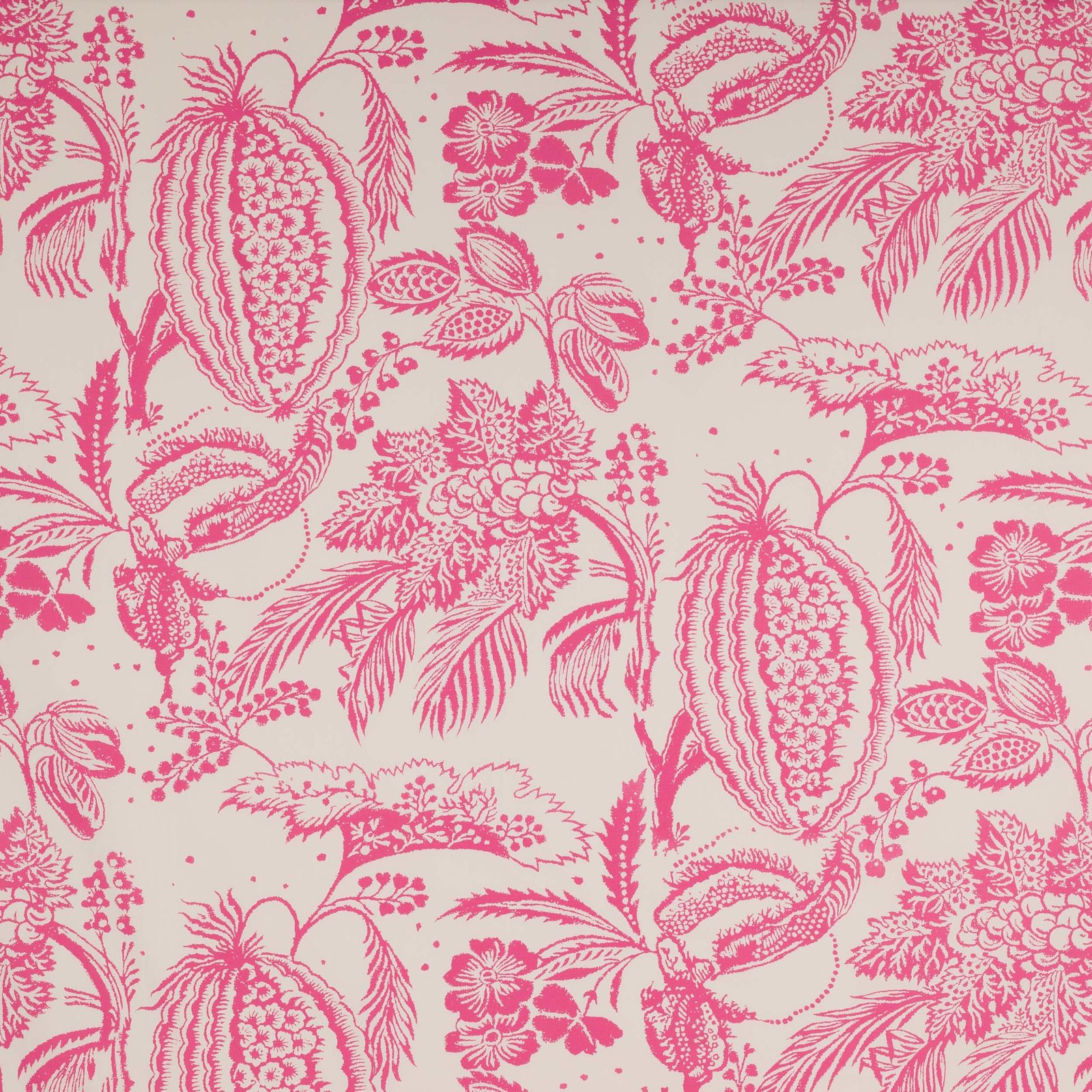 Cream cotton fabric with vivid raspberry-pink botanical print and large-scale repeat