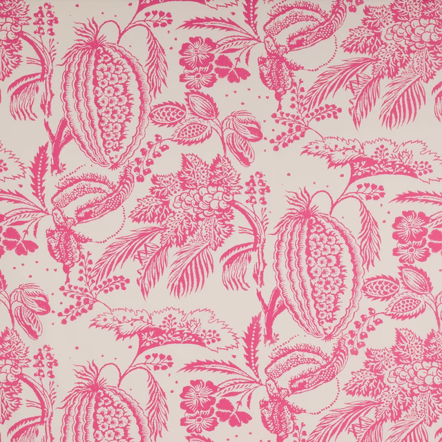 Cream cotton fabric with vivid raspberry-pink botanical print and large-scale repeat