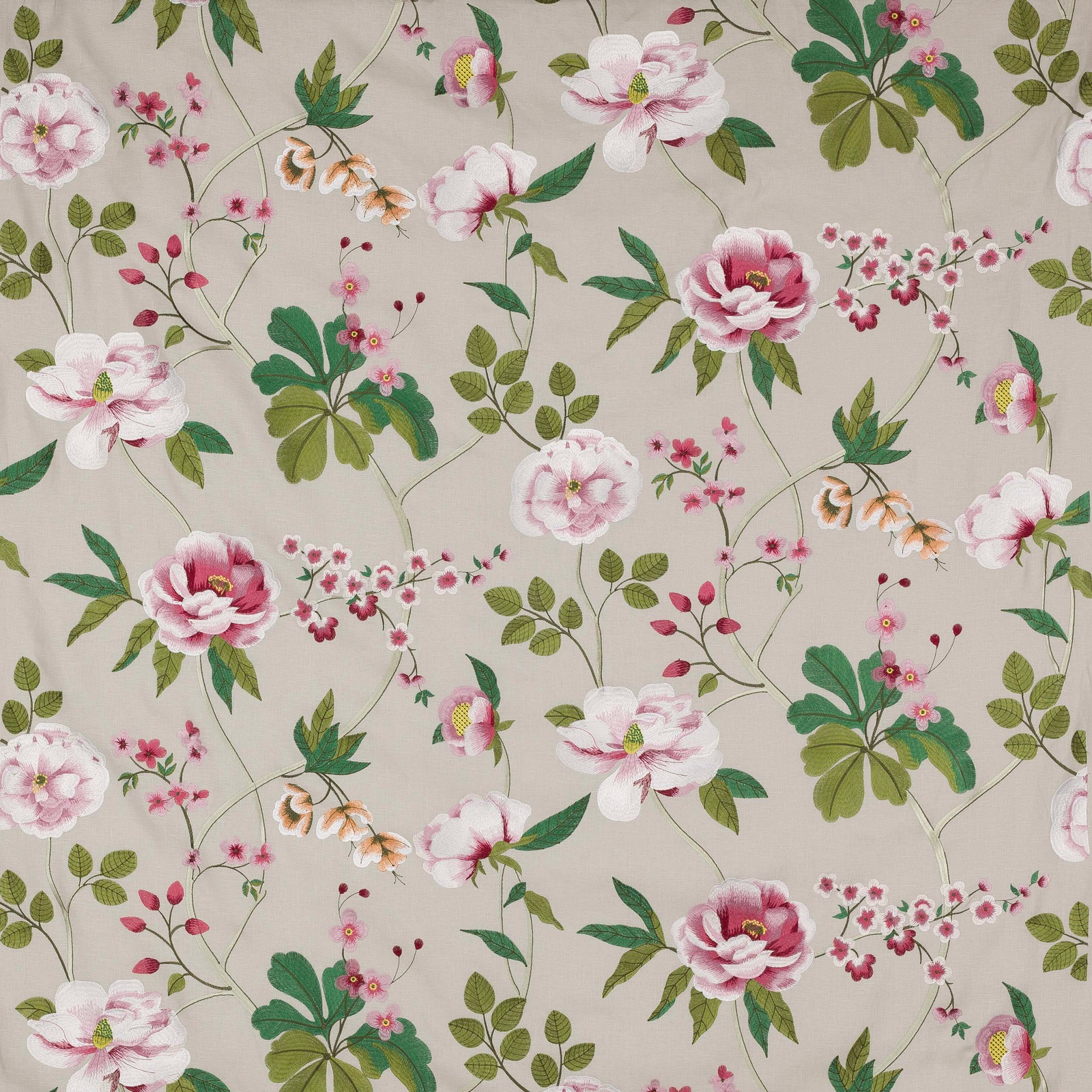 Large floral fabric swatch with blush roses, green leaves and ivory ground