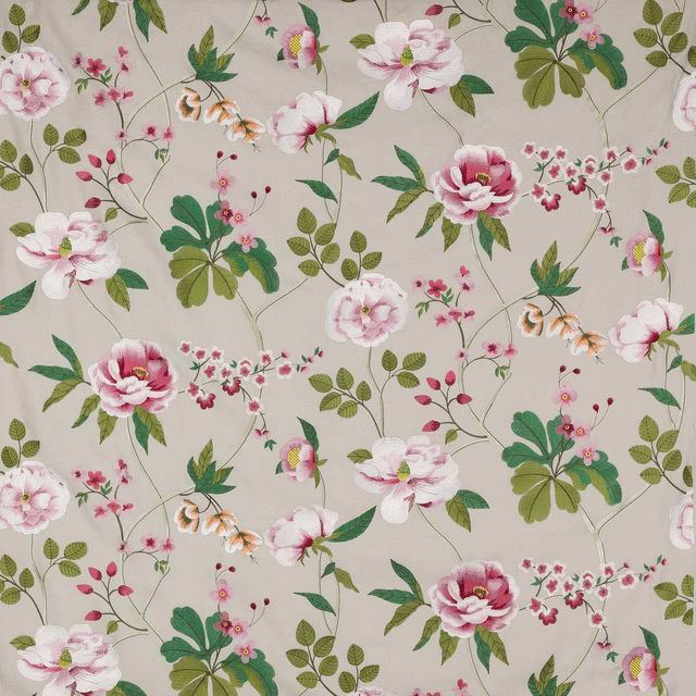 Large floral fabric swatch with blush roses, green leaves and ivory ground