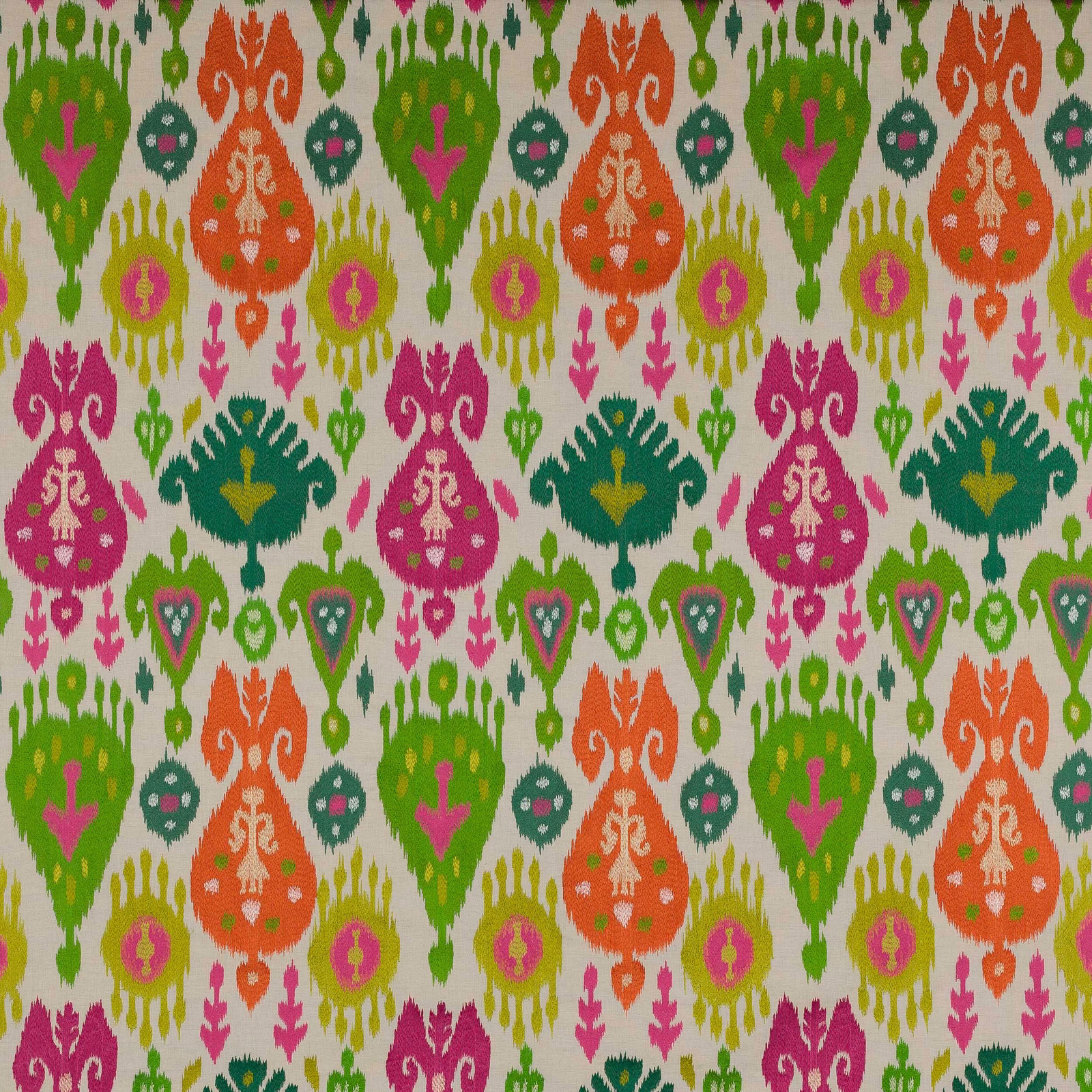 Patterned fabric swatch with apricot, fuchsia and green motifs on a pale ground