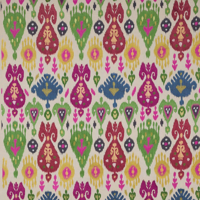 Ivory woven fabric with repeating jewel-toned medallion motifs in pink, green, blue and gold.
