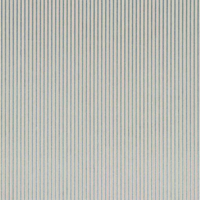 Fine vertical aqua and cream striped fabric swatch with subtle texture