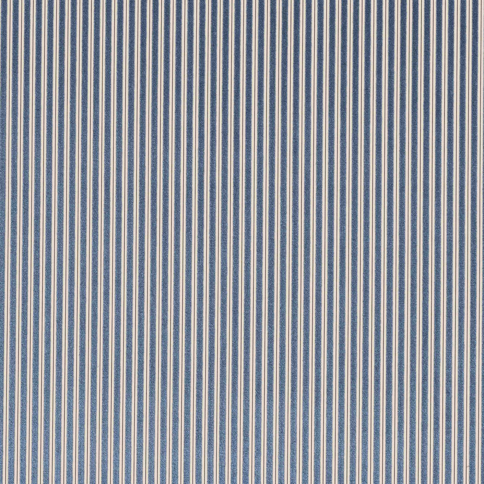 Vertical blue and cream pinstripes on a textured woven fabric swatch