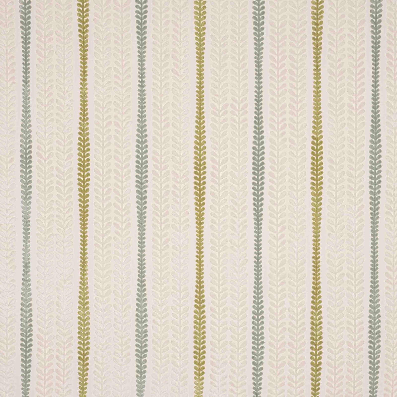 Pale cotton fabric with vertical celadon and olive leaf stripes on an ivory ground
