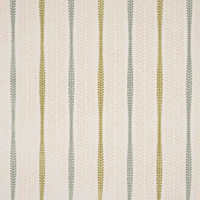 Pale cotton fabric with vertical celadon and olive leaf stripes on an ivory ground