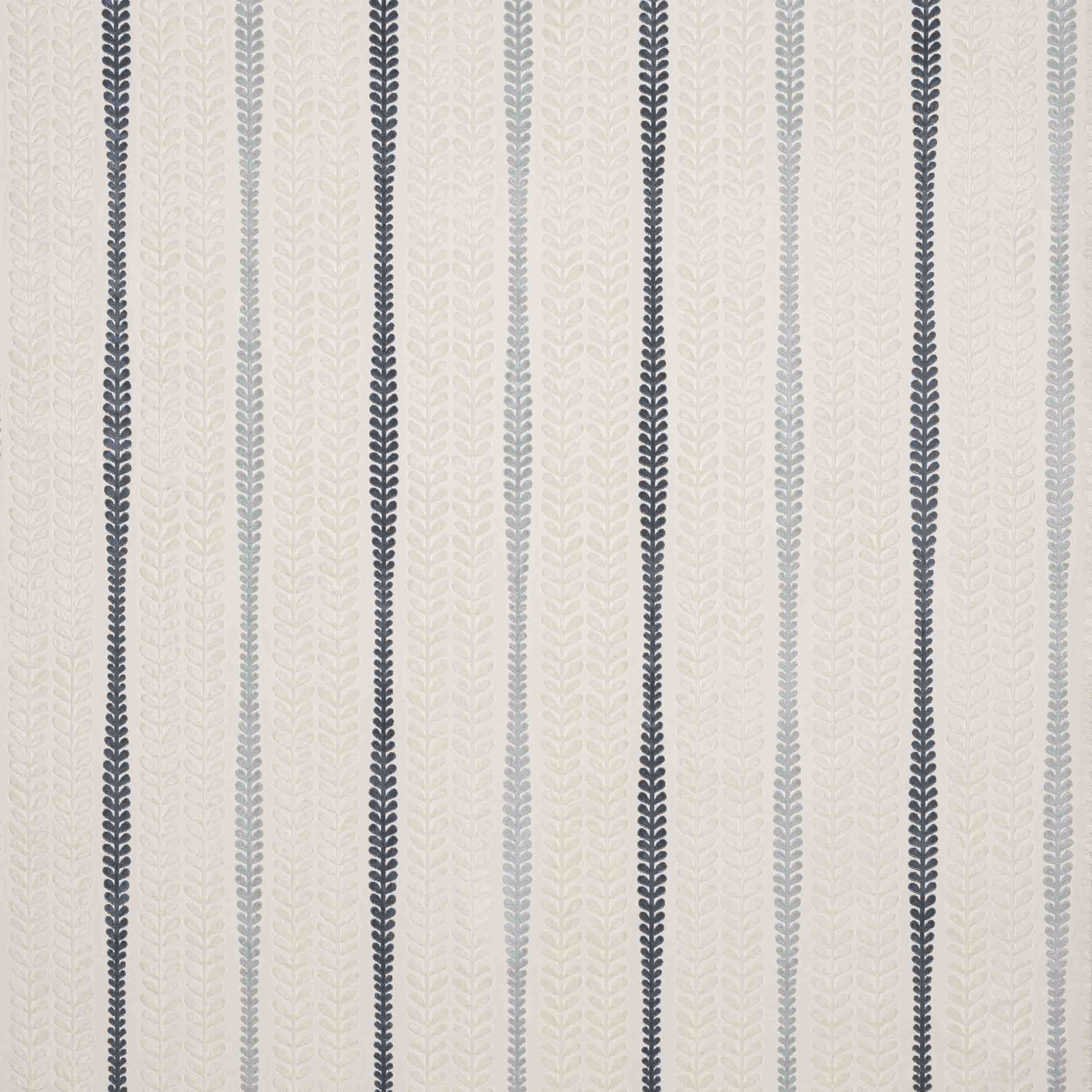 Pale cream cotton fabric with vertical blue leaf stripes and subtle woven texture