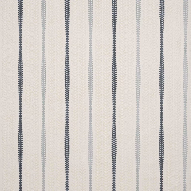 Pale cream cotton fabric with vertical blue leaf stripes and subtle woven texture