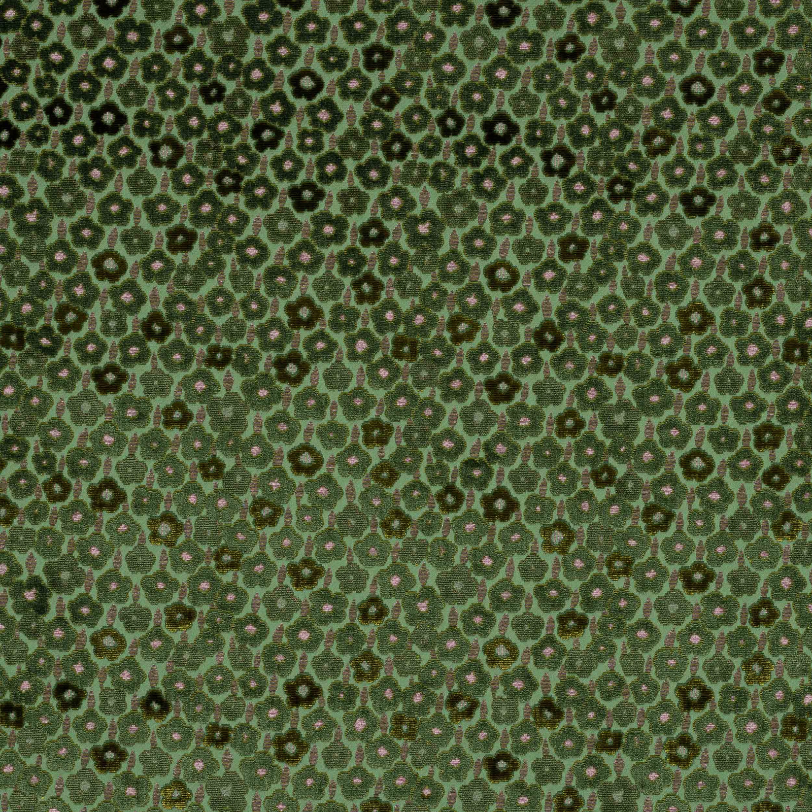 Close-up of moss green floral weave with dark olive motifs and tiny blush accents