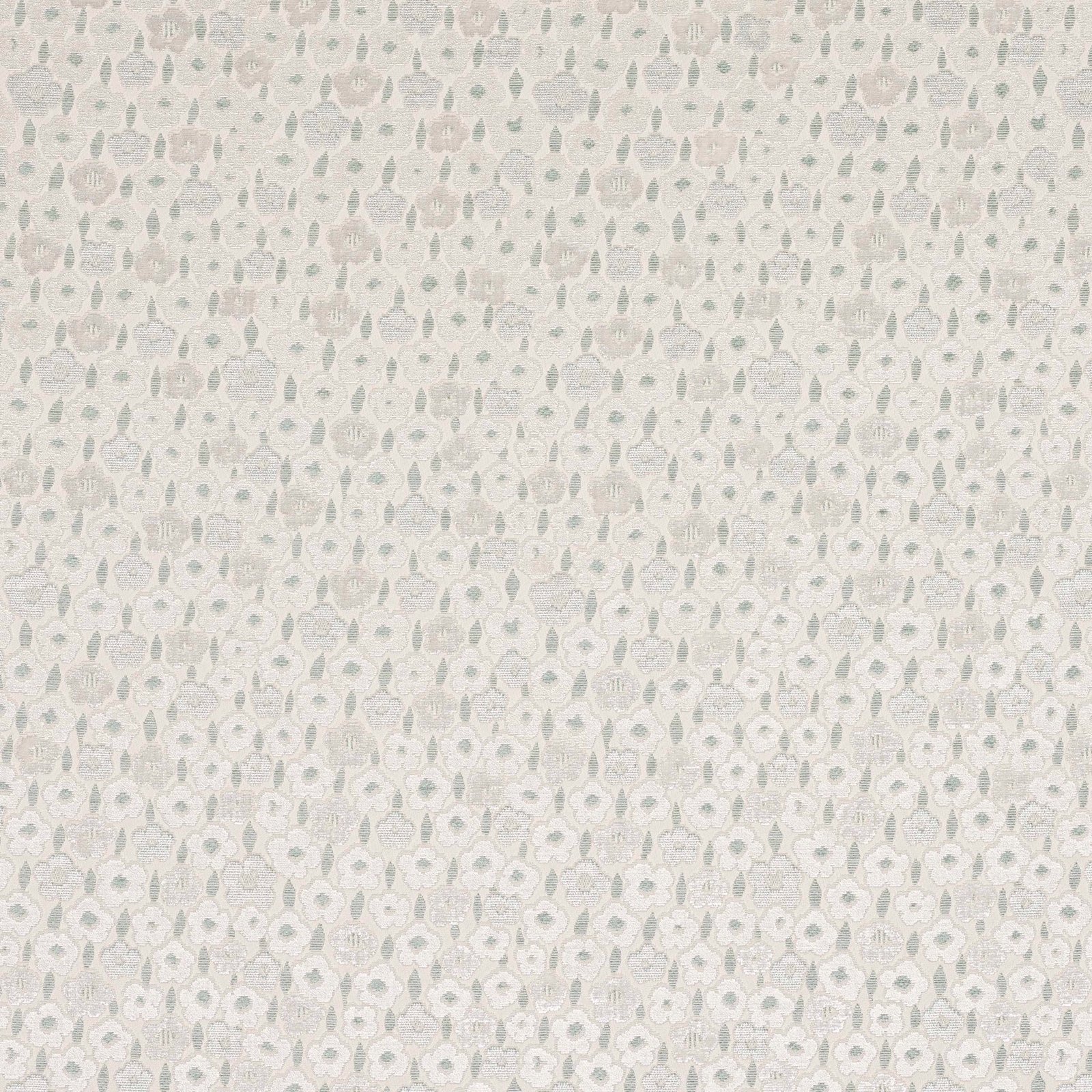 Pale ivory floral fabric swatch with tiny grey-green leaf motifs