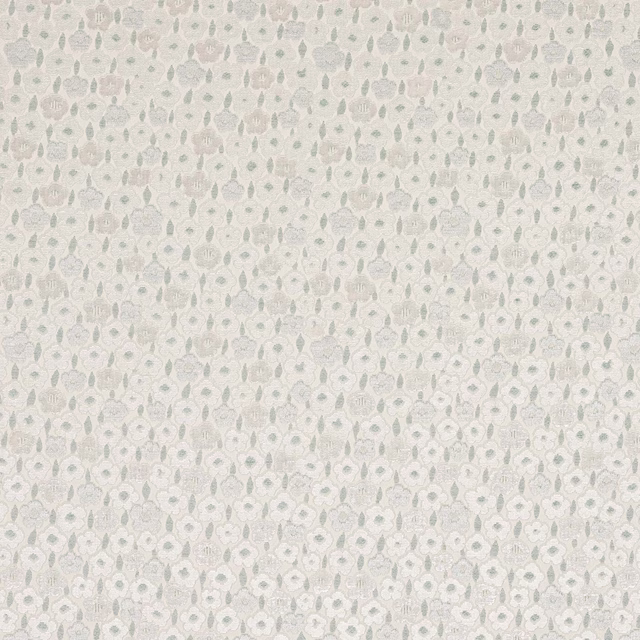 Pale ivory floral fabric swatch with tiny grey-green leaf motifs