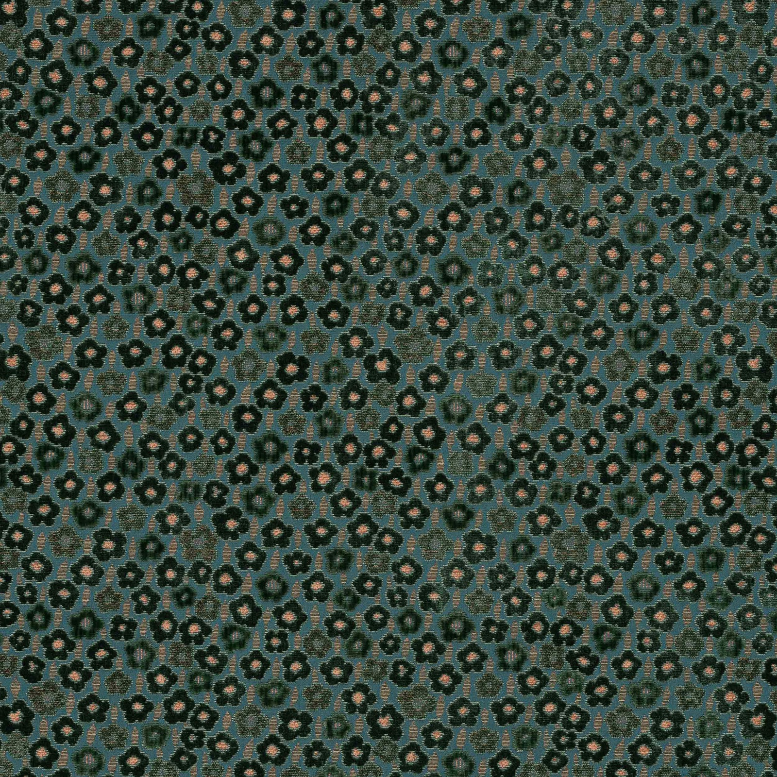 Small floral motif fabric on a teal green ground with dark petals and blush centres