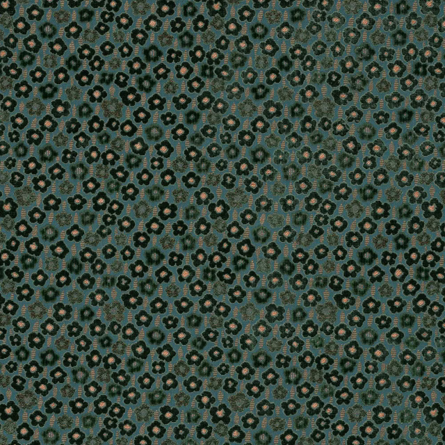 Small floral motif fabric on a teal green ground with dark petals and blush centres