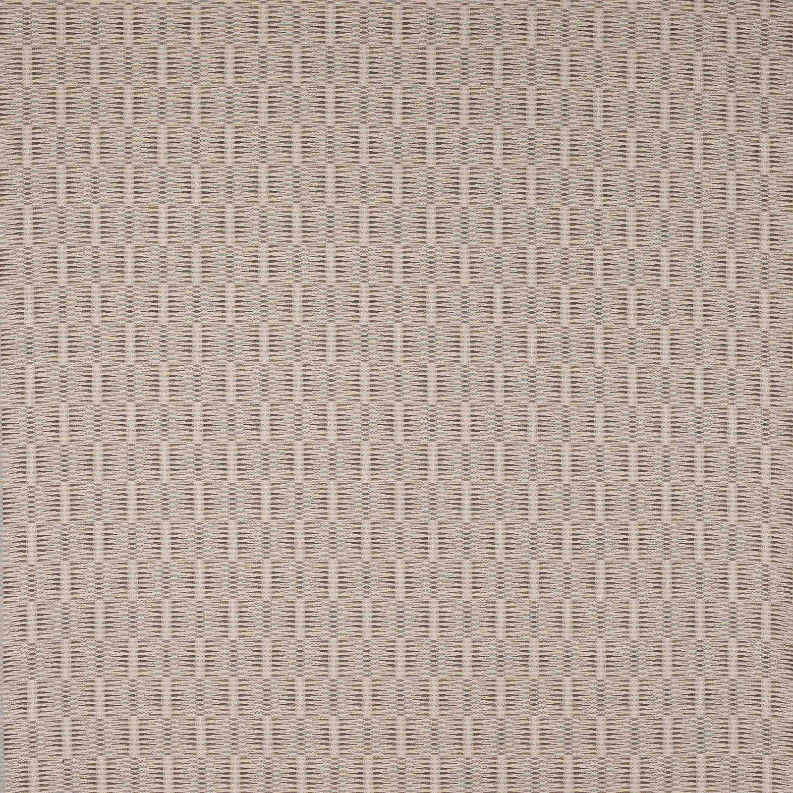 Close-up of warm greige woven fabric with fine horizontal striations and textured weave