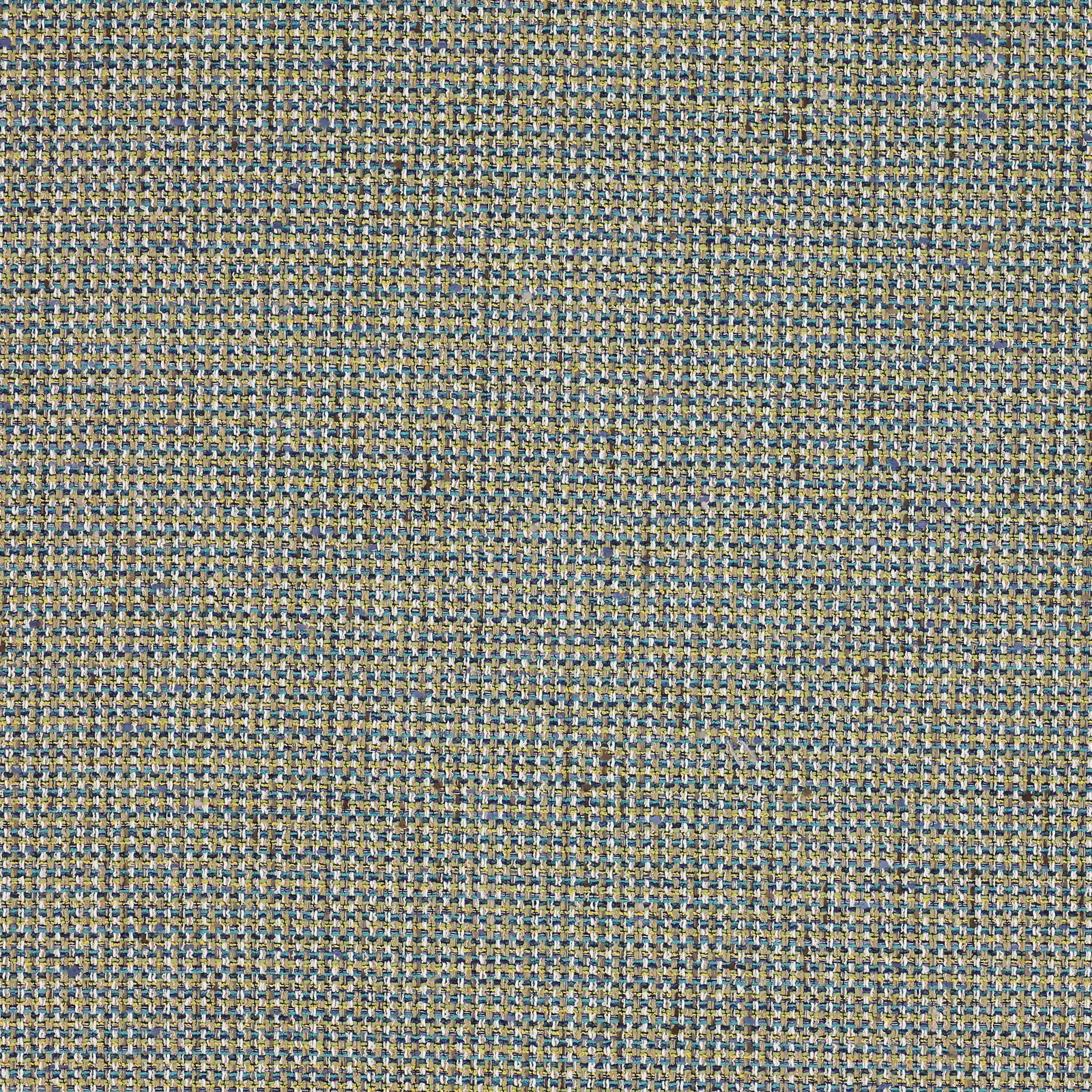 Close-up of a small-scale woven fabric in muted teal, blue-grey and straw tones